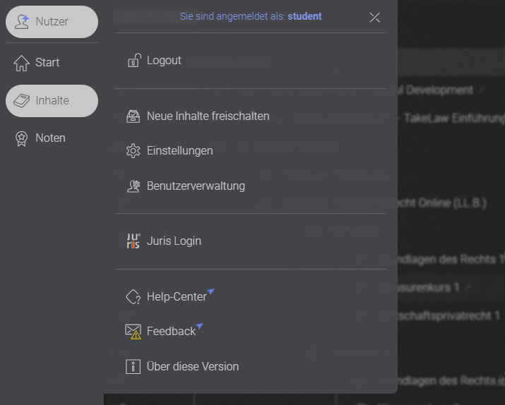 screenshot interface Benutzermenü Button