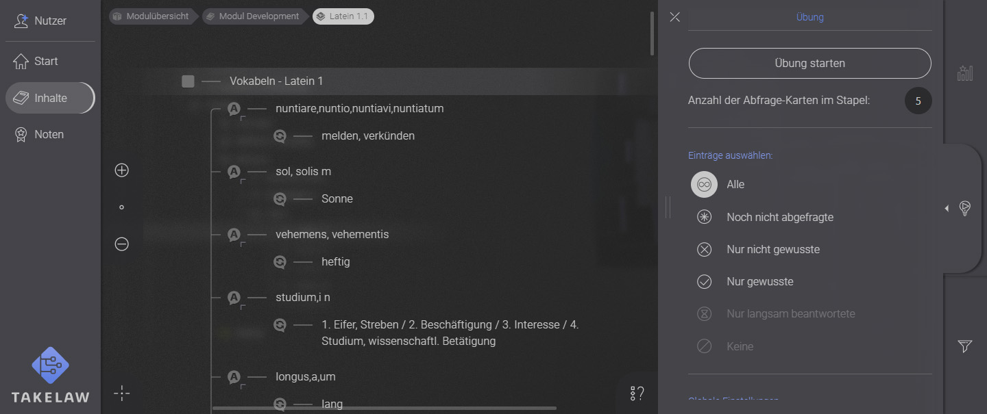 screenshot interface werkzeugleiste Vocabulize-Einstellungen